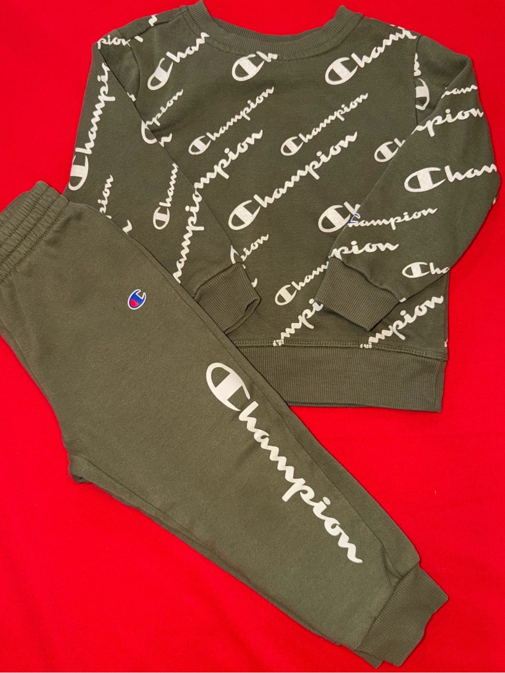 Champion Kids Olive Green Logo Sweatshirt & Joggers Set - White Script